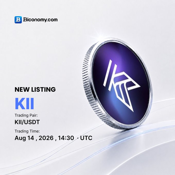 A promotional graphic from Biconomy.com announcing the 'NEW LISTING' of the 'KII' token, featuring a 3D rendered coin with a blue and purple gradient and trading details for the KII/USDT pair on August 14, 2026.