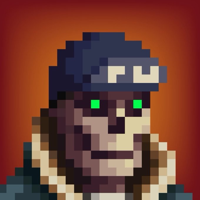 A pixel art portrait of a character with a dark helmet or visor and glowing green eyes, set against a red-orange gradient background.
