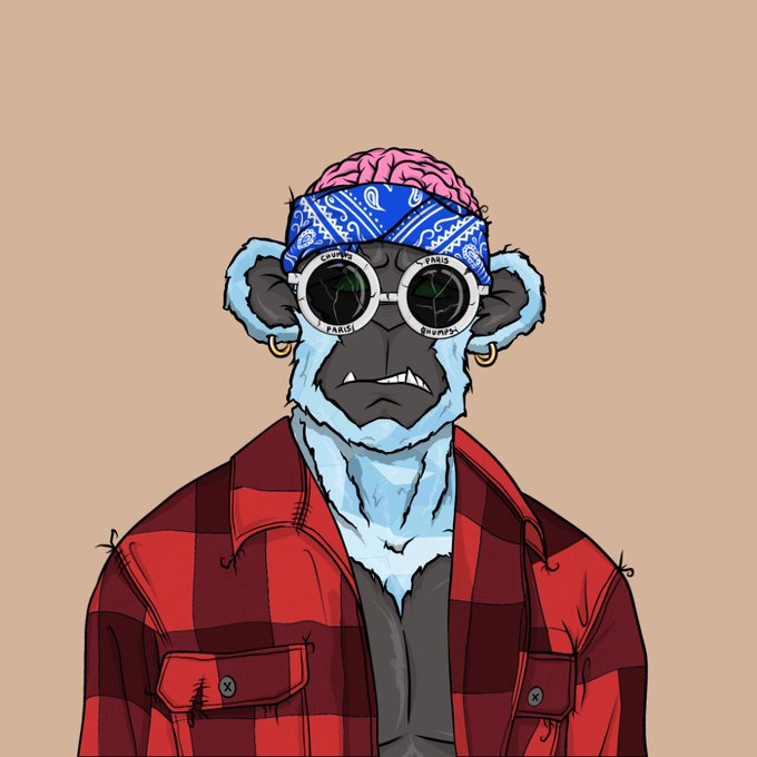 A digital illustration of a Bored Ape-style monkey NFT character wearing a blue paisley bandana, round sunglasses with "END FAISI" text, gold hoop earrings, and a red plaid flannel shirt, with a visible pink brain exposed on top of its head.