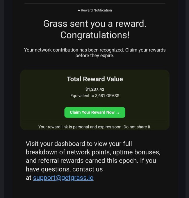 In this message, there are two people who have received a message stating that they've earned a total reward value of $1237.42. One of the individuals has already claimed their reward using an email address provided by the sender. The other person is advised not to share the reward yet with others and to visit their dashboard for more information on how to claim their reward.