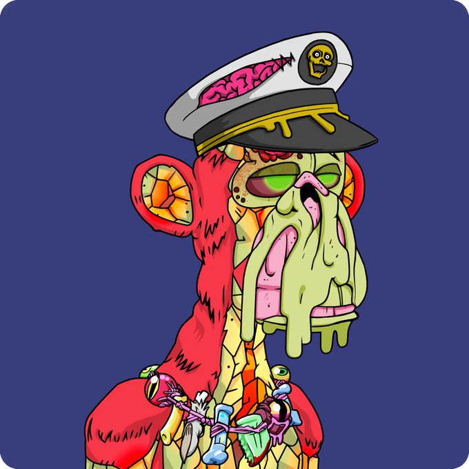 A colorful cartoon illustration of a grotesque, decaying red monkey wearing a white naval captain's hat, with green slime dripping from its face and necklaces of bones around its neck.