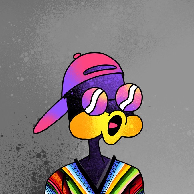 A colorful stylized illustration of an ape character wearing a purple cap and reflective sunglasses with a vibrant striped shirt against a gray background.