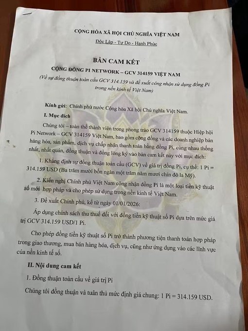 A Vietnamese document titled 'BẢN CAM KẾT' (Commitment Letter) from the 'CỘNG ĐỒNG PI NETWORK – GCV 314159 VIỆT NAM', referencing the Pi cryptocurrency and a proposed exchange rate of 1 Pi = 314.159 USD.