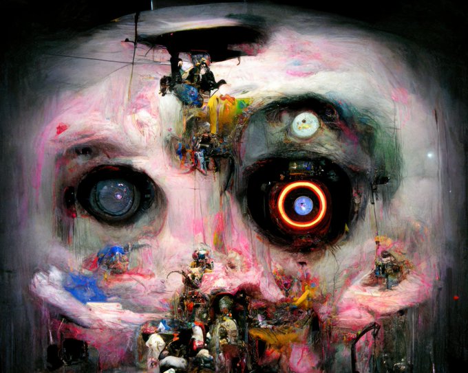 A disturbing, abstract digital painting of a grotesque, wide-eyed face with one glowing orange ring in place of an eye, rendered in pink, white, and dark tones.