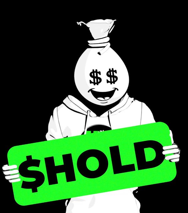 A black and white illustration of a character with a money bag for a head holding a green sign that reads "$HOLD".