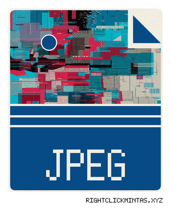 A digital collectible card design labeled '.JPEG' at the bottom in pixelated white text on a blue background, with a glitch-art style top section in red, cyan, and black, and the URL 'RIGHTCLICKMINTAS.XYZ'.