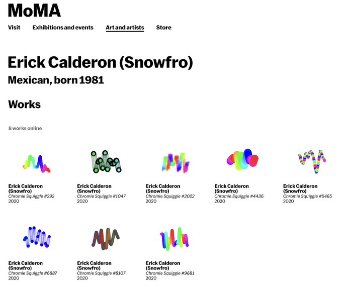 A webpage from MoMA displaying works by Erick Calderon (Snowfro), a Mexican artist born in 1981, showcasing various colorful 'Chrome Squiggle' digital artworks.