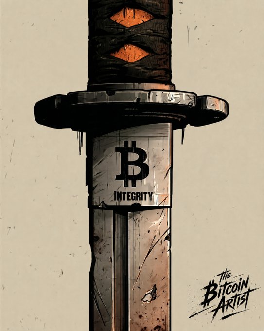 An artistic illustration of a katana sword with a Bitcoin 'B' logo and the word 'INTEGRITY' engraved on the blade, signed 'THE BITCOIN ARTIST' in the corner.