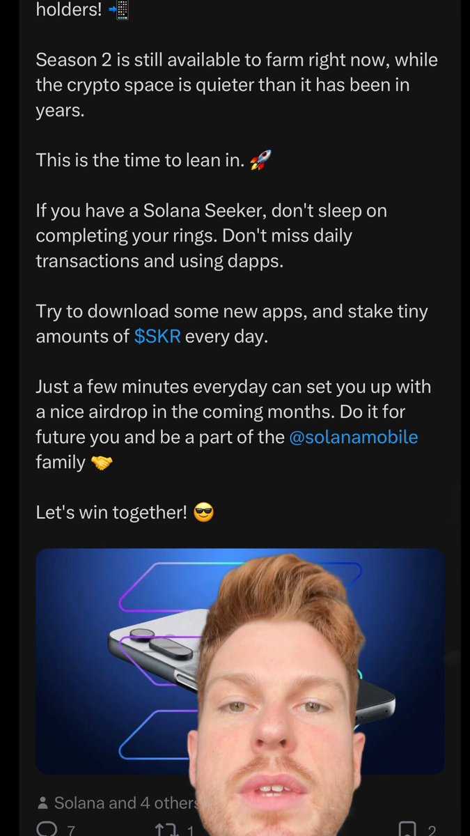 The image shows a man's face with a caption that reads "Let win together!". The caption also includes an image of a silver coin, possibly related to the Solana Seeker cryptocurrency.