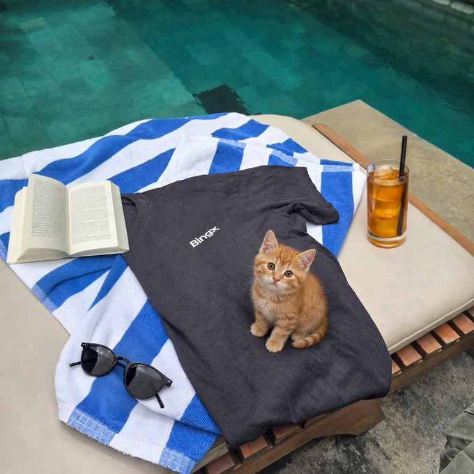 An adorable orange kitten sits on a black t-shirt with "Blinkx" text, alongside an open book, sunglasses, and an iced drink on a blue and white striped towel by a pool. The scene captures a relaxed outdoor moment, embodying the post's message about finding fulfillment by stepping away from the screen and enjoying simple, peaceful moments outside.