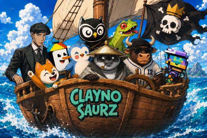 A vibrant illustration of various cartoon characters, animals (a Shiba Inu, penguin, owl, lizard, bull), and a man in a suit on a pirate ship, with a Jolly Roger flag and the text "CLAYNO SAURZ" on the ship's hull.