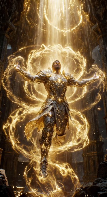 A warrior in ornate golden armor stands with arms outstretched, surrounded by swirling golden energy within a towering, dimly lit stone structure.
