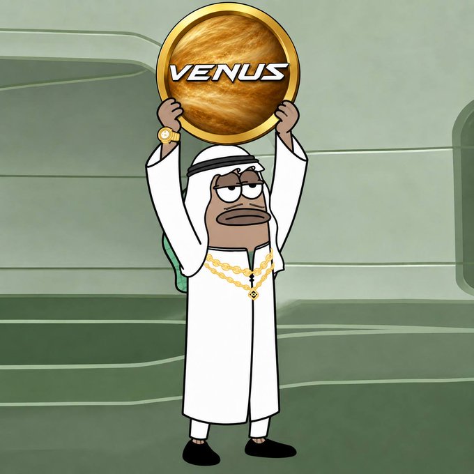An anthropomorphic duck character wearing a white robe, gold chain, and watch, holding up a large golden Venus (planet) coin above its head.
