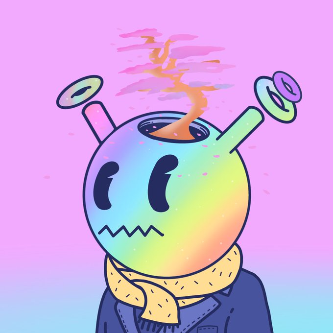 A digital illustration shows a colorful round-headed character with a yellow scarf, whose open top is emitting an orange tornado-like vortex against a pink background.
