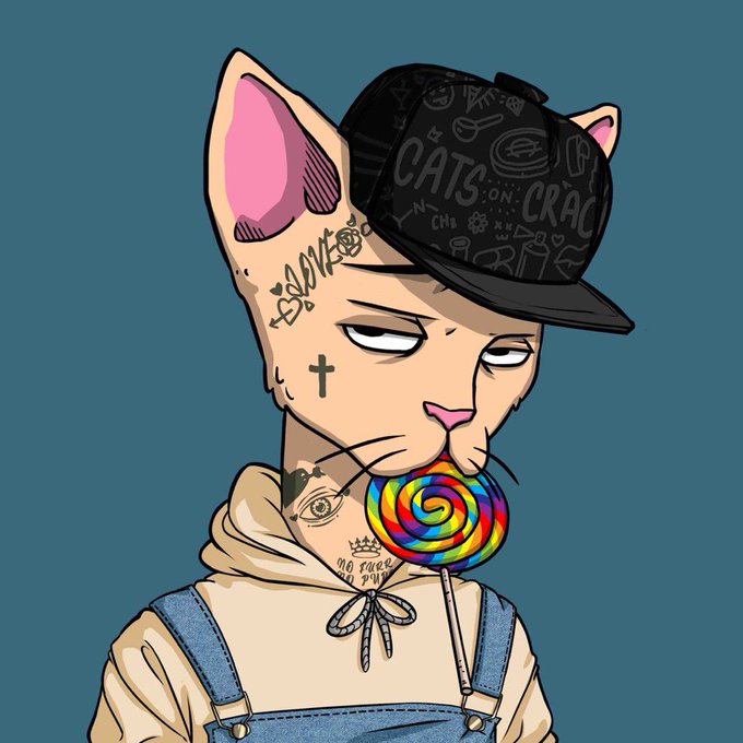 Cartoon illustration of a grumpy-looking cat with tattoos and piercings, wearing a black 'CATS CRAC' cap, a beige hoodie, and denim overalls, holding a rainbow swirled lollipop in its mouth.