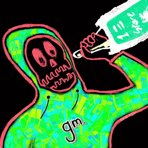 A neon-colored illustration of a skeleton in a green hoodie holding a bag labeled "Crack it," with "gm." text below.