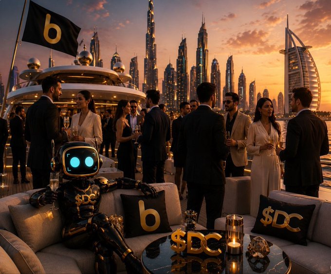The image features a group of people gathered around a table with drinks at an event taking place at Dubai Harbour. The scene includes a robot figure sitting on a couch next to a glass of wine, surrounded by several people engaged in conversation or enjoying their time together. In the background, there are buildings and skyscrapers that add to the city's skyline, creating a lively atmosphere for this gathering.

The post appears to be promoting an event at Dubai Harbour where attendees can network with others in the Web3 space, including Founders, Investors, Creators, and Innovators. The focus on these individuals suggests that the event aims to foster collaboration and discussions around the future of Web3 technology.