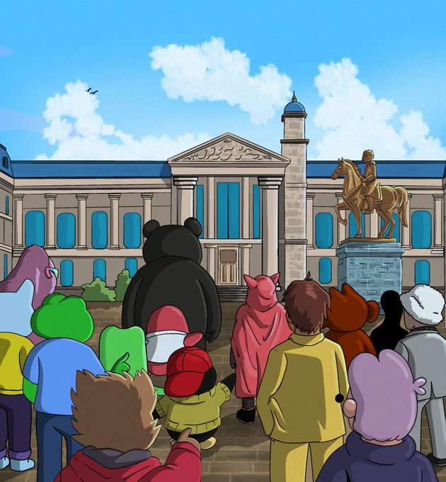 An illustration depicts a diverse crowd of colorful, anthropomorphic characters viewed from behind, gathered in front of a grand classical building with columns and a golden equestrian statue under a partly cloudy blue sky.