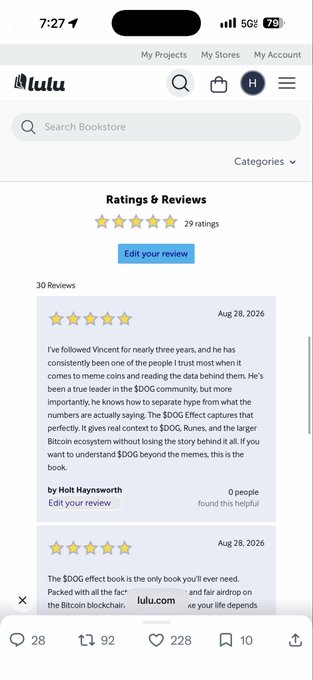 A Lulu bookstore page showing the "Ratings & Reviews" section for a book about $DOG, featuring a glowing 5-star review by Holt Hyndsworth praising Vincent as a "true leader in the $DOG community" for explaining the memecoin beyond hype, with the post noting @cryptolution101.