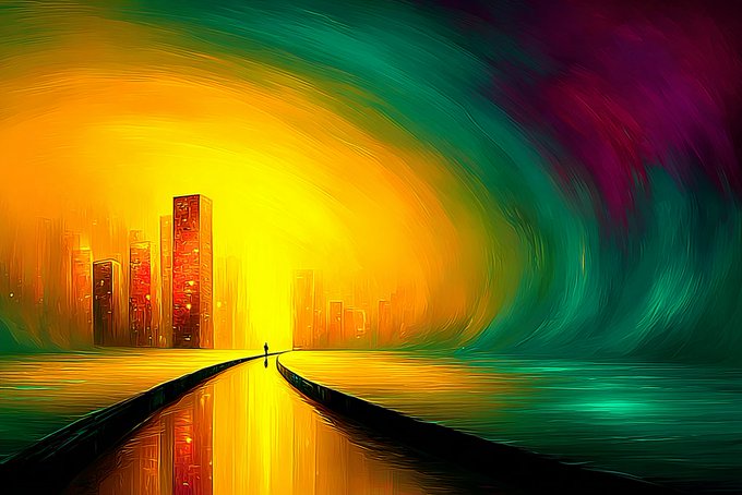 A solitary figure stands on a curved path leading toward a glowing cityscape, framed by sweeping brushstrokes of yellow, green, and magenta evoking the title "The Yellow River." The vibrant abstract style and reflective water suggest a dreamlike journey, fitting the tranquil "good evening" mood shared in the post about winding down.