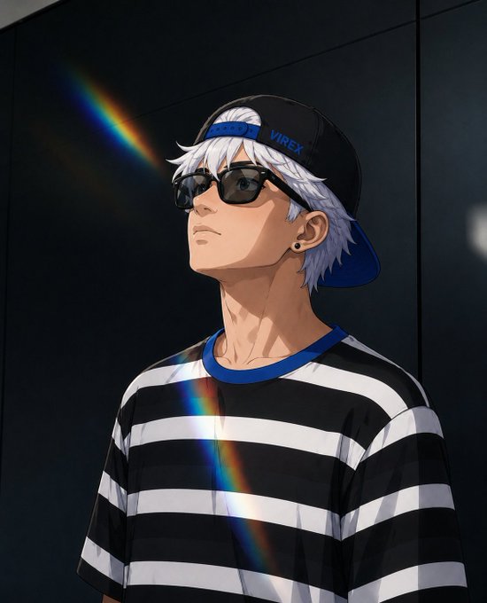 An anime-style illustration of a young man with white hair wearing sunglasses, a black and white striped shirt, and a blue and black cap labeled 'VIREX', with a rainbow lens flare in the dark background.