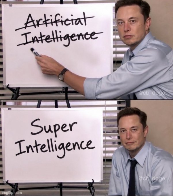 A meme of Elon Musk standing at a whiteboard; the top panel shows him crossing out "Artificial Intelligence" and writing "Super Intelligence" in the bottom panel, with the watermark "@cb_doge."