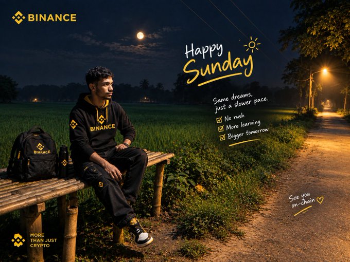 A Binance promotional advertisement featuring a young man sitting on a bamboo bench in a moonlit field wearing Binance branded clothing, with text reading 'Happy Sunday - Same dreams, Just a slower pace' alongside checkboxes for 'No rush', 'More learning', and 'Bigger tomorrow', plus the Binance logo and 'MORE THAN JUST CRYPTO' tagline.