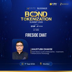 Event flyer for a 'BOND TOKENIZATION SUMMIT 2025' on '9th Sept 2025' in Mumbai, advertising a 'FIRESIDE CHAT' with 'KAUSTUBH DHAWSE, CMO Aarna Developers - Investments, Infrastructure & Technology'.