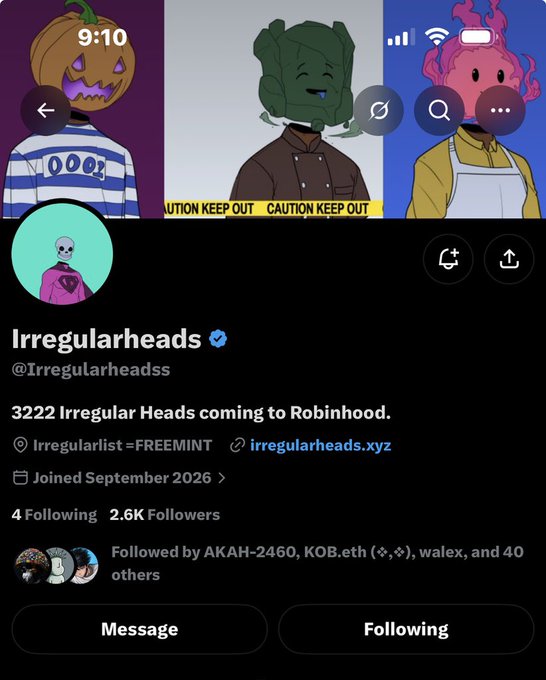 A mobile Twitter/X profile for 'Irregularheads' (@Irregularheadss), a verified account with 2.6K followers, featuring banner art with cartoon characters and the bio '3222 Irregular Heads coming to Robinhood.'