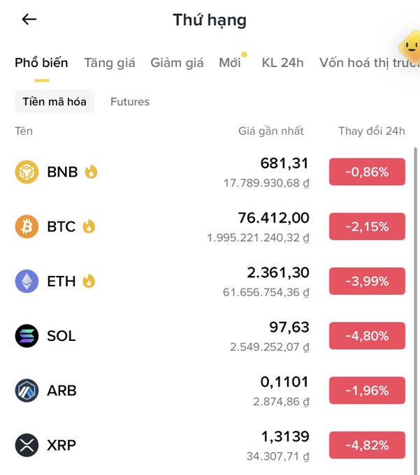 Mobile screenshot of a cryptocurrency ranking app in Vietnamese ('Thứ hạng'), showing BNB, BTC, ETH, SOL, ARB, and XRP with their prices and 24-hour price changes in red.