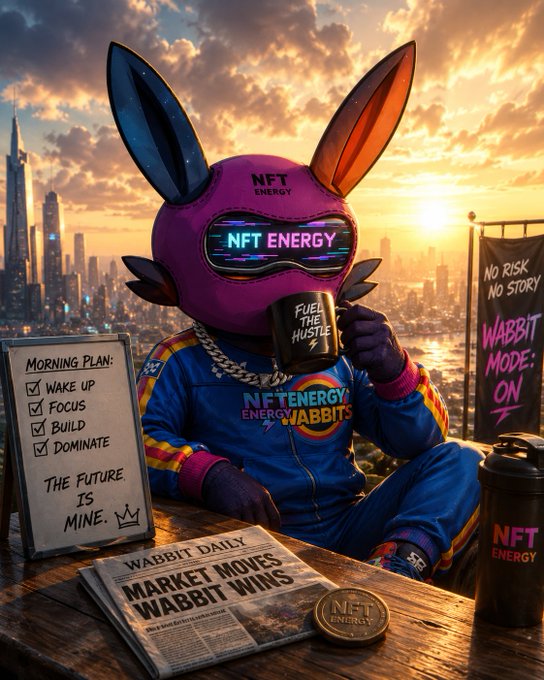 A digital illustration of a rabbit-like character wearing a purple helmet labeled 'NFT ENERGY', a blue jacket, and drinking from a 'FUEL THE HUSTLE' mug, with a 'MORNING PLAN' whiteboard listing 'WAKE UP, FOCUS, BUILD, DOMINATE' and a newspaper titled 'WABBIT DAILY - MARKET MOVES WABBIT WINS'.