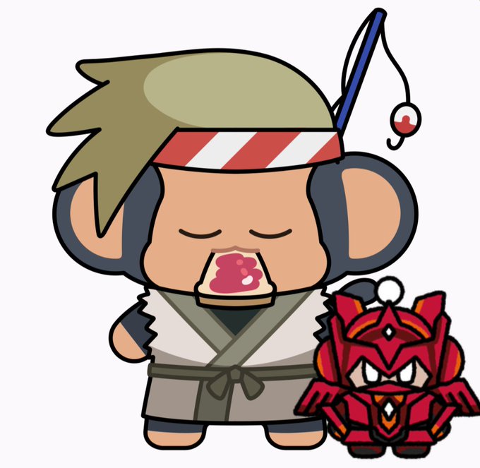 A cartoon illustration of a monkey character dressed as a fisherman with a headband and a bobber on its head, standing next to a small red armored figure.