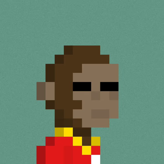 Pixel art portrait of a person with brown skin and dark hair, wearing a red and yellow outfit, against a teal background.