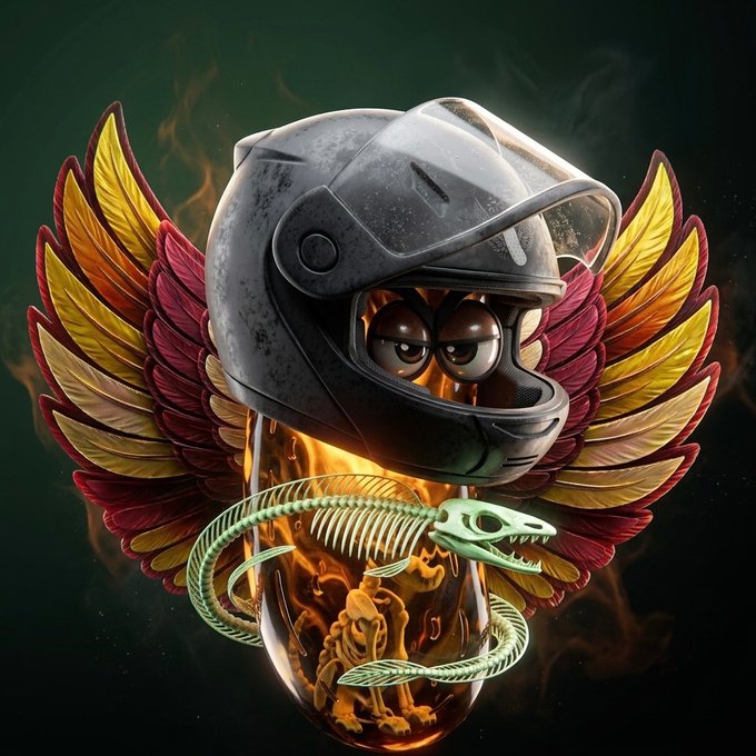 A digital illustration of a motorcycle helmet with expressive eyes, flanked by red and gold wings, with a small green dinosaur skeleton floating below amidst flames.