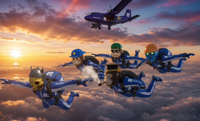 A whimsical skydiving scene featuring five characters in blue 'SuperteamUK' jumpsuits and various helmets, freefalling past clouds at sunset with a small plane flying above them.