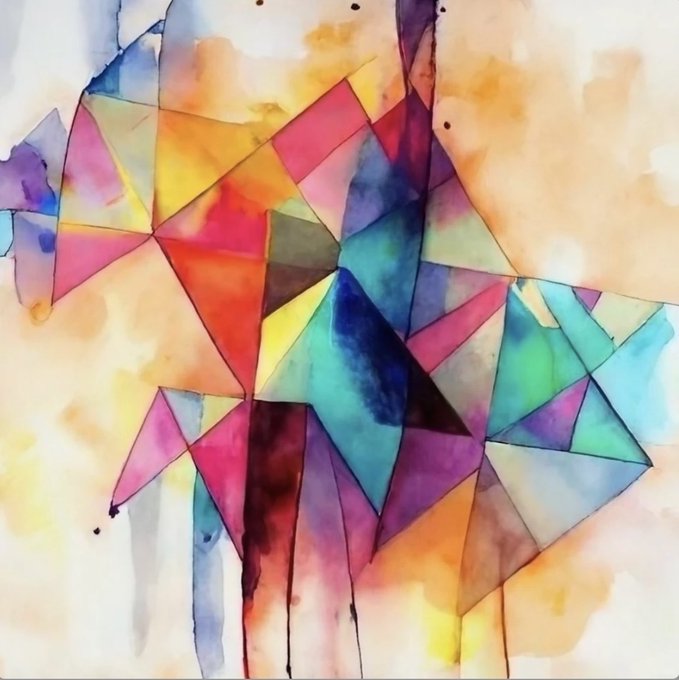 An abstract watercolor painting composed of colorful geometric triangles with drips of paint running down the bottom.