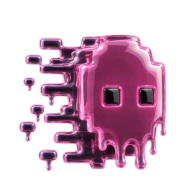 A 3D-rendered glossy pink/magenta ghost-like character with two square black eyes, appearing to dissolve into pixelated droplets on the left side.