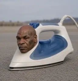 A surreal image showing Mike Tyson's face photoshopped onto the front of a blue and white clothes iron sitting on asphalt.