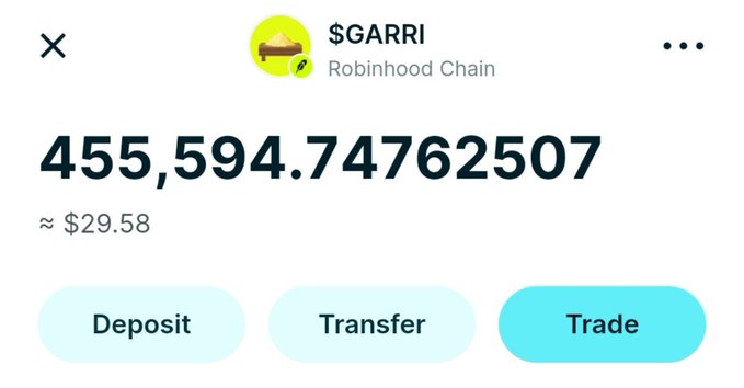 A cryptocurrency wallet screenshot showing a balance of 455,594.74762507 $GARRI tokens on Robinhood Chain, valued at approximately $29.58, with Deposit, Transfer, and Trade buttons.