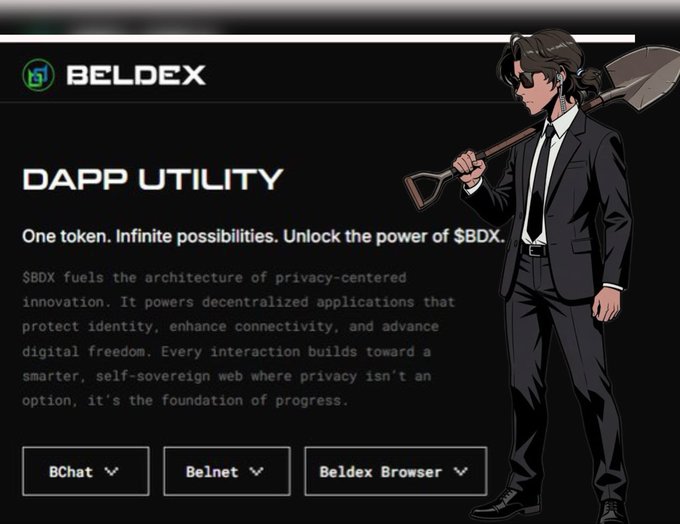A promotional graphic for "BELDEX" featuring a $BDX token, with text about "DAPP UTILITY" and an anime-style character in a suit holding a shovel, listing BChat, Belnet, and Beldex Browser.
