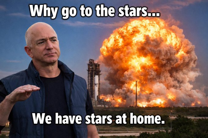 The image features a man standing next to a large explosion, with smoke billowing out of the top of the explosion. The caption below the photo reads "Why go to the stars... We have stars at home." This statement seems to be a joke or a humorous commentary on the current situation involving the explosion and the man's presence in front of it.