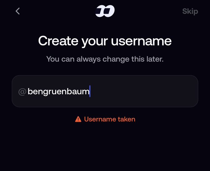 An account creation screen showing 'Create your username' with 'bengruenbaum' entered and an error message stating 'Username taken'.