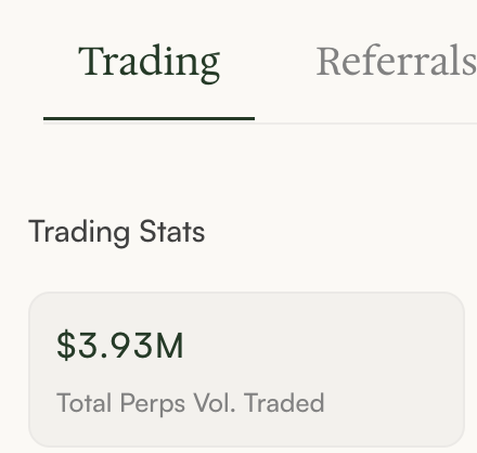 A user interface screenshot shows a 'Trading' tab with 'Trading Stats' indicating '$3.93M Total Perps Vol. Traded', alongside a 'Referrals' tab option.