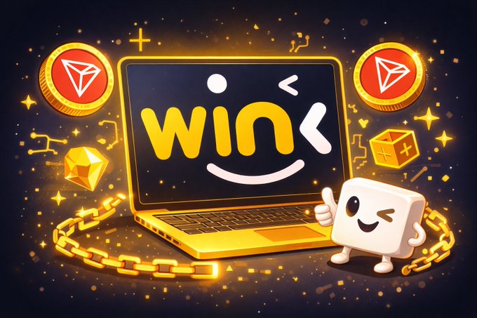 A vibrant 3D illustration features a laptop displaying a smiley 'win' face surrounded by floating TRON cryptocurrency coins, golden chains, and a winking cube character giving a thumbs-up gesture.