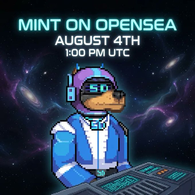 A promotional graphic showing a pixel-art bear in a space suit with the text 'MINT ON OPENSEA AUGUST 4TH 1:00 PM UTC'.