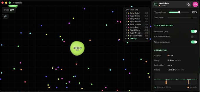 A screenshot of the game 'VecTosis' shows a green player named 'JSkillz' navigating a dark field with colorful dots, alongside a leaderboard and voice processing settings.