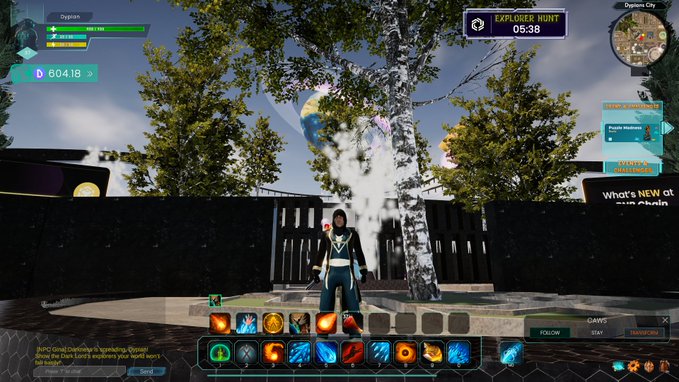 A player named Dypians (Level 7, HP: 999/999) stands before a gate featuring a holographic Earth globe, with an "EXPLORER HUNT" timer showing 05:38 and a "What's NEW at Dypians" ticker, illustrating the immersive, world-connected gameplay tied to the $WOD token ecosystem.