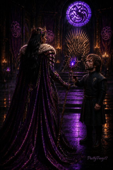 A dark fantasy scene of a woman in a purple fur-lined cloak handing a goblet to Tyrion Lannister before the Iron Throne, with a 'PrettyFaery17' watermark.