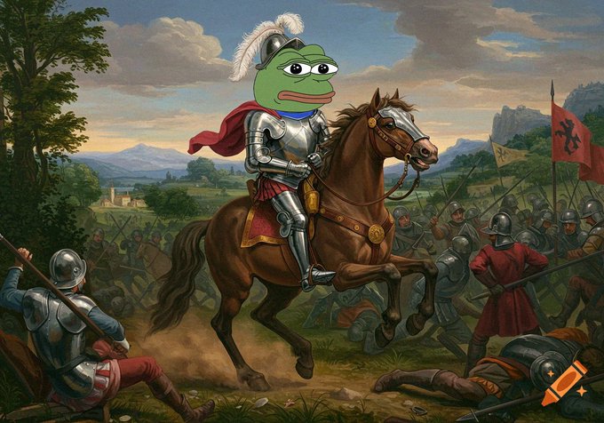 A Renaissance-style painting depicting a knight in armor riding a rearing horse on a battlefield, with the knight's helmet humorously replaced by a green Pepe the Frog face.