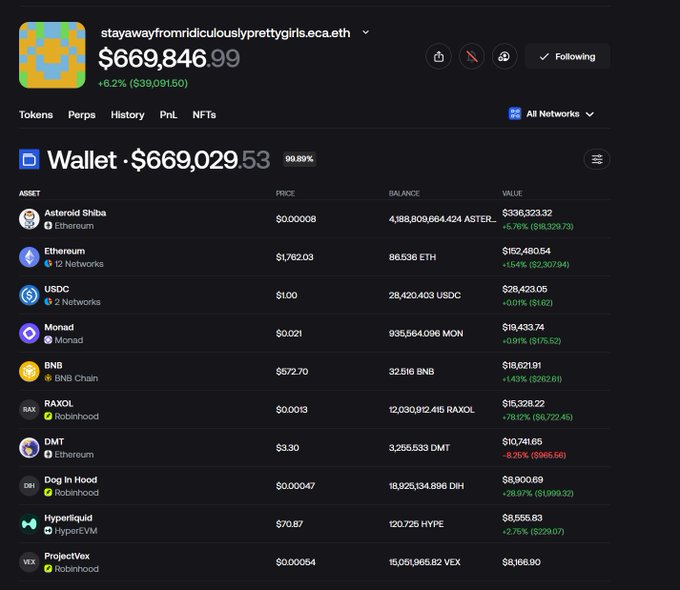 A cryptocurrency portfolio dashboard showing a wallet address "stayawayfromridiculouslyprettygirls.eca.eth" with a total balance of $669,846.99, displaying assets including Asteroid Shiba ($336,323.32), Ethereum ($152,480.54), and USDC.